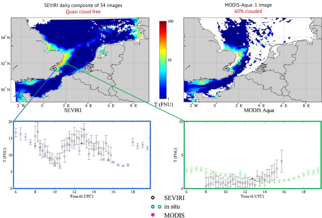Comparison of a daily composite of SEVIRI turbidity data (T, FNU) with a single daily MODIS-Aqua observation