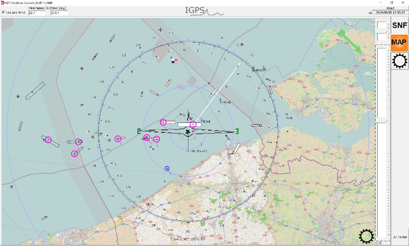 Printscreen van de digitale Navigatiekaart met gemodelleerde rookpluimen van schepen die geselecteerd worden voor een meting langsheen de route van het vliegtuig