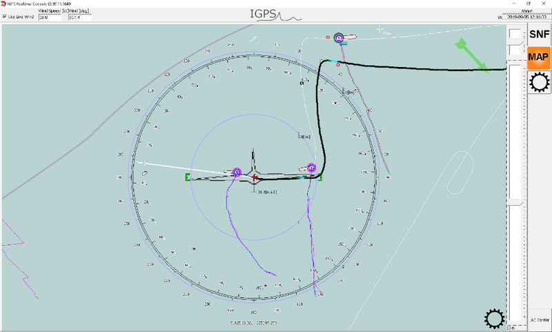 Print Screen of the digital navigation map with modelled smoke plumes (pink lines) of vessels that have been selected for a measurement along the route of the aircraft (green line)