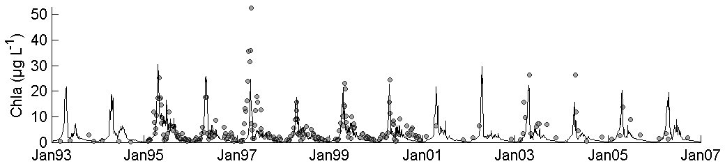 Modelled chlorophyll a time series at station 330 over the period 1993-2006