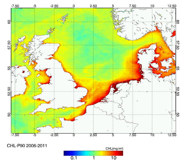 CHL-P90 over the phytoplankton growing season (i.e. March – November incl.) for a period of six years based on the standard algal 1 and 2 products from MERIS